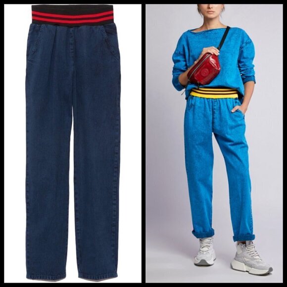 💕RACHEL COMEY💕 Doxa Pant Striped Elastic Waist Acid Wash Denim Navy Large NWT - Picture 2 of 16